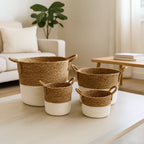 Set 4 Canastos Cesta Algodón Tejido Nudo Color Blanco Asas