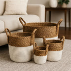 Set 4 Canastos Cesta Algodón Tejido Nudo Color Blanco Asas