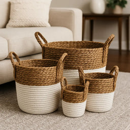 Set 4 Canastos Cesta Algodón Tejido Nudo Color Blanco Asas