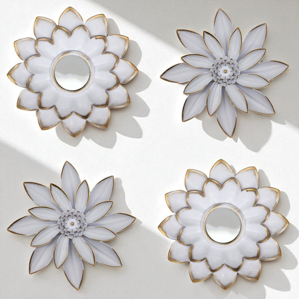 Set 4 Marcos De Espejos Flor De Loto Decorativo Blanco Deco