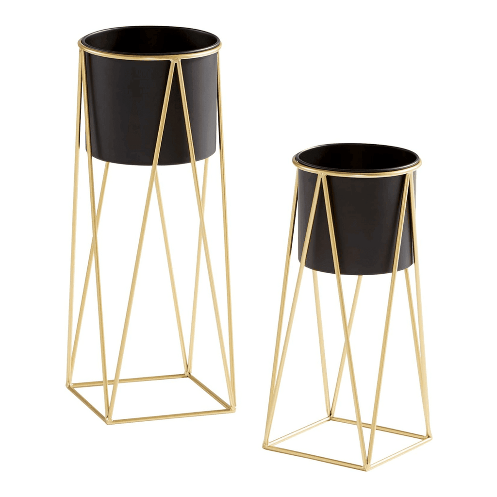 Set 2 Porta Maceteros Pedestal Maceta Plantas Negro Dorados - Fliperex