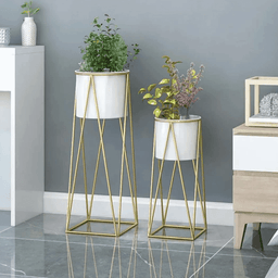 Set 2 Porta Maceteros Pedestal Maceta Plantas Blanco Dorados - Fliperex