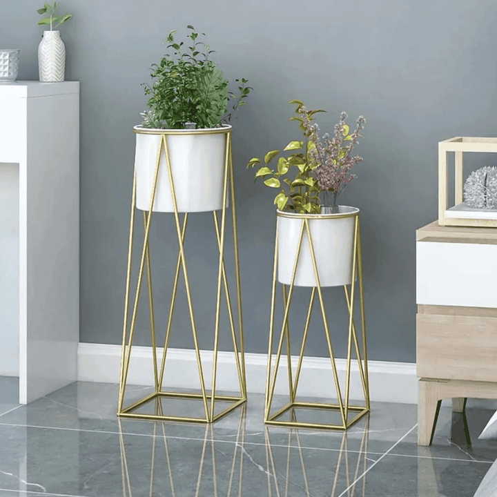 Set 2 Porta Maceteros Pedestal Maceta Plantas Blanco Dorados - vista 2