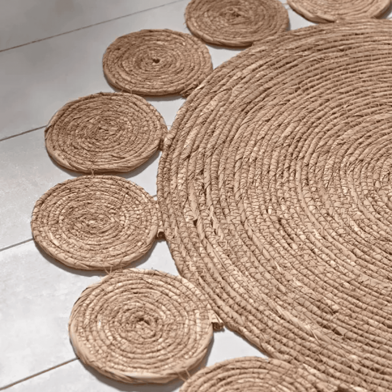 Alfombra Redonda De Yute Borde De Circulos Color Natural - Fliperex