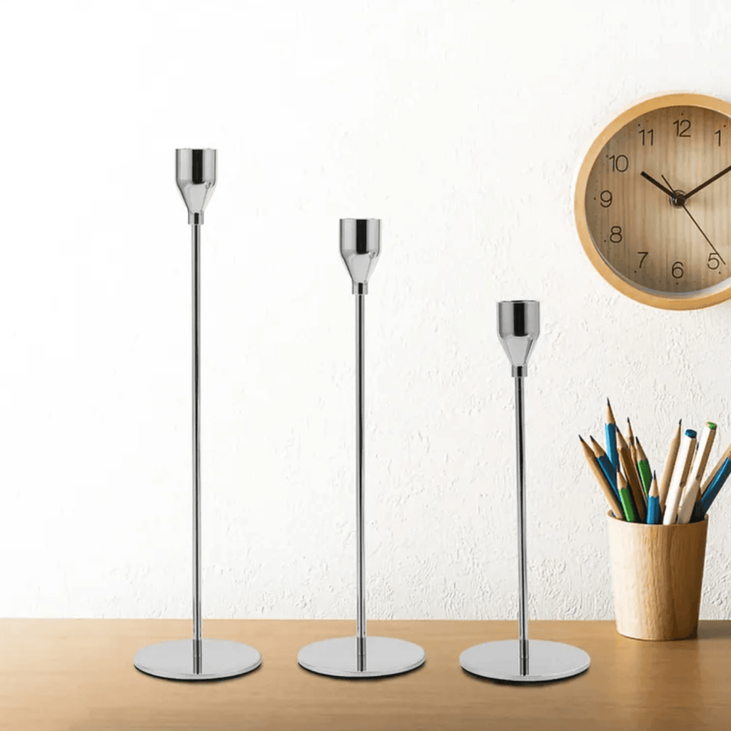 Set 3 Candelabros Porta Velas Plateado Decora Centro De Mesa - Fliperex