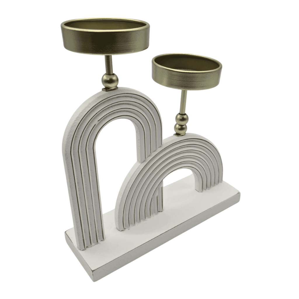 Candelabro Porta Vela Doble De Madera Blanco Con Dorado - Fliperex
