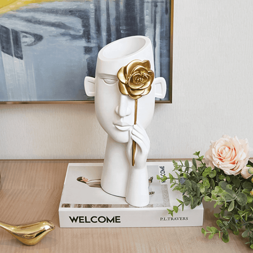 Florero Retrato Nordico Escultura Rostro De Resina Blanco - Fliperex