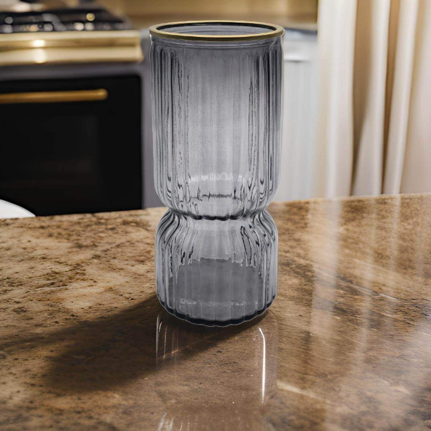 Florero Decorativo De Vidrio Con Diseño Borde Dorado Gris - Fliperex