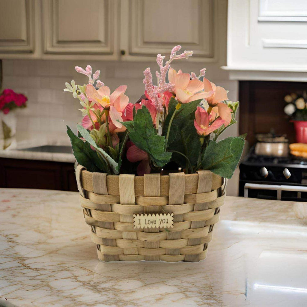 Planta Artificial Macetero Estilo Mimbre Flores Rosados - Fliperex