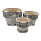 Set 3 Macetero Maceta De Ceramica Blanco Patrones Negro Alto - Fliperex