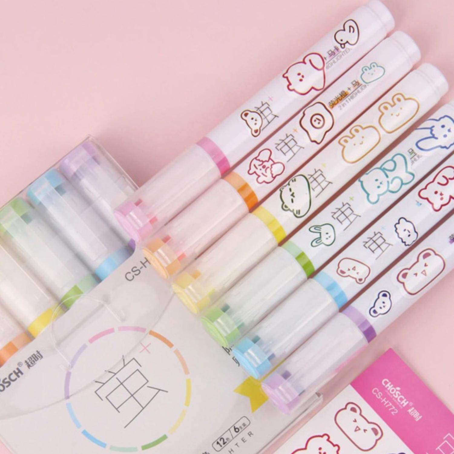 Set Lapices 12 Colores Marcadores Destacador 2 En 1 Stickers - Fliperex