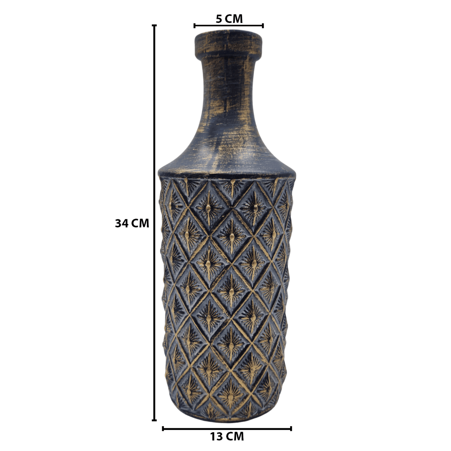 Jarron Florero Ceramica Diseño Rombos Azul Dorado Alargado - Fliperex