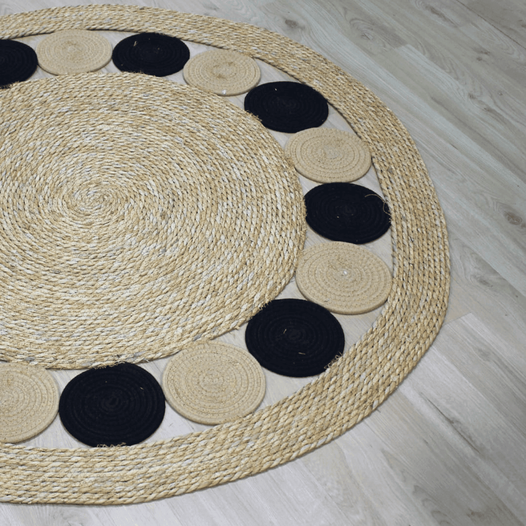 Alfombra Redonda De Yute Borde De Circulos Negro y Franja - Fliperex