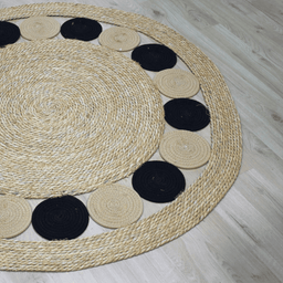 Alfombra Redonda De Yute Borde De Circulos Negro y Franja - Fliperex