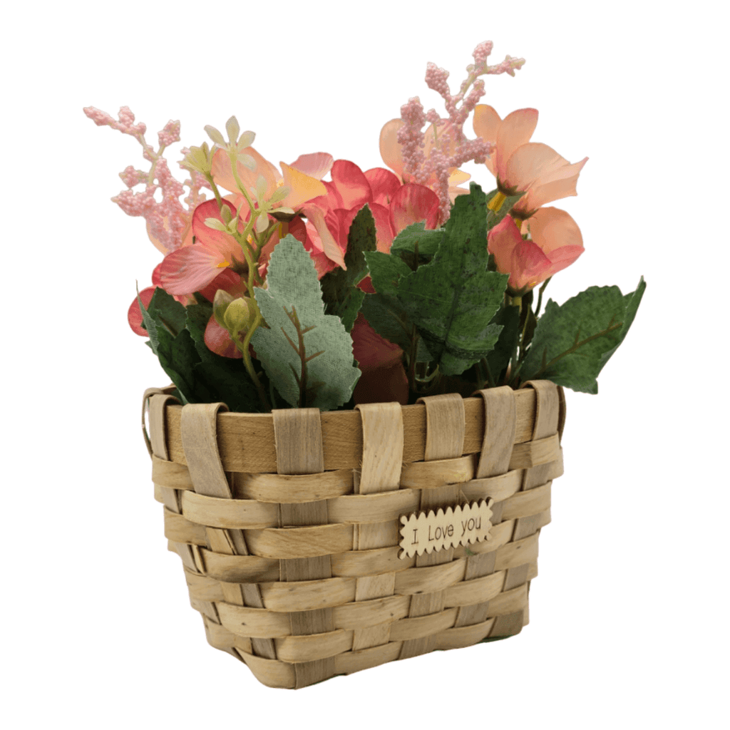 Planta Artificial Macetero Estilo Mimbre Flores Rosados - Fliperex