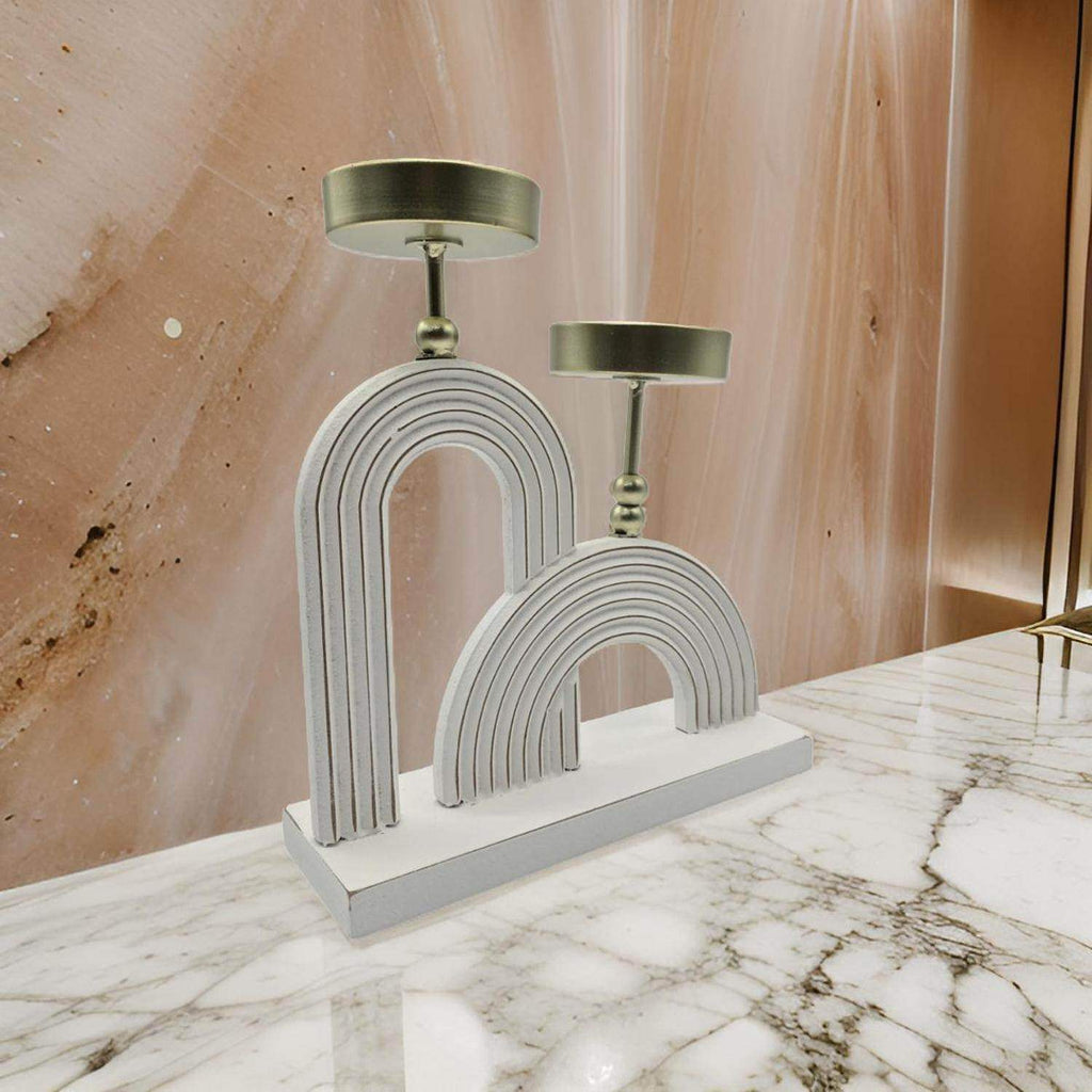 Candelabro Porta Vela Doble De Madera Blanco Con Dorado - Fliperex