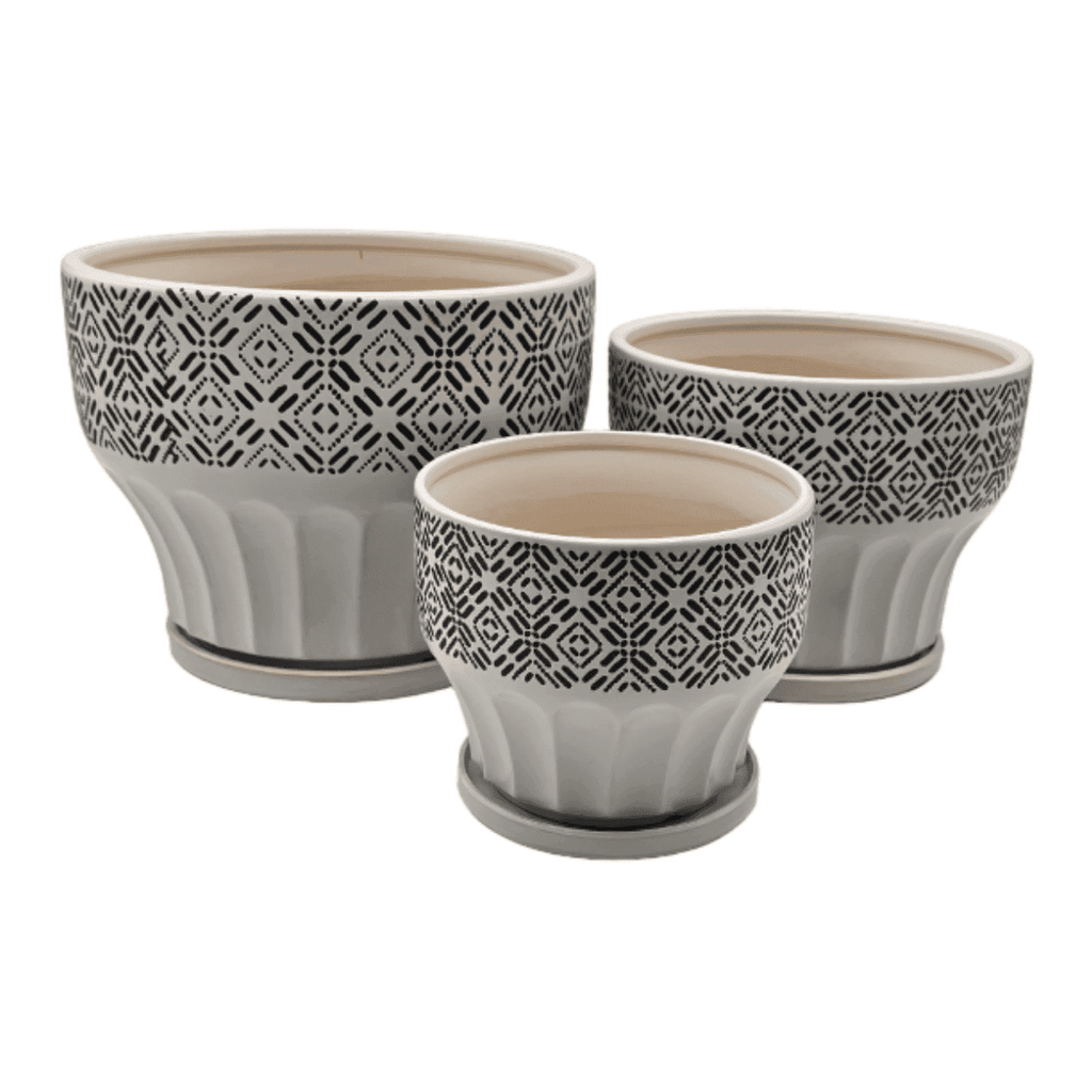 Set 3 Macetero Maceta De Ceramica Blanco Patrones Negro Alto - Fliperex