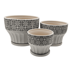 Set 3 Macetero Maceta De Ceramica Blanco Patrones Negro Alto - Fliperex