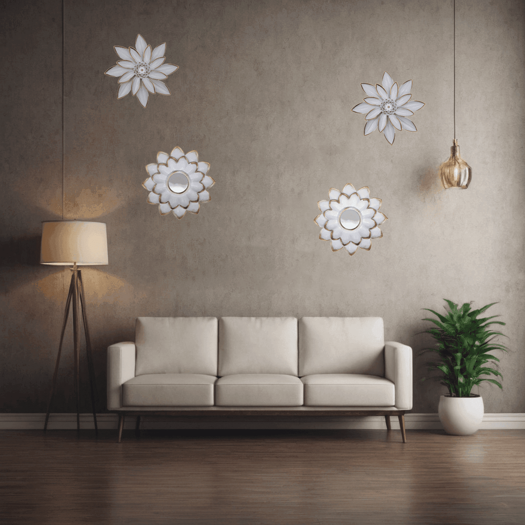 Set 4 Marcos De Espejos Flor De Loto Decorativo Blanco Deco - Fliperex