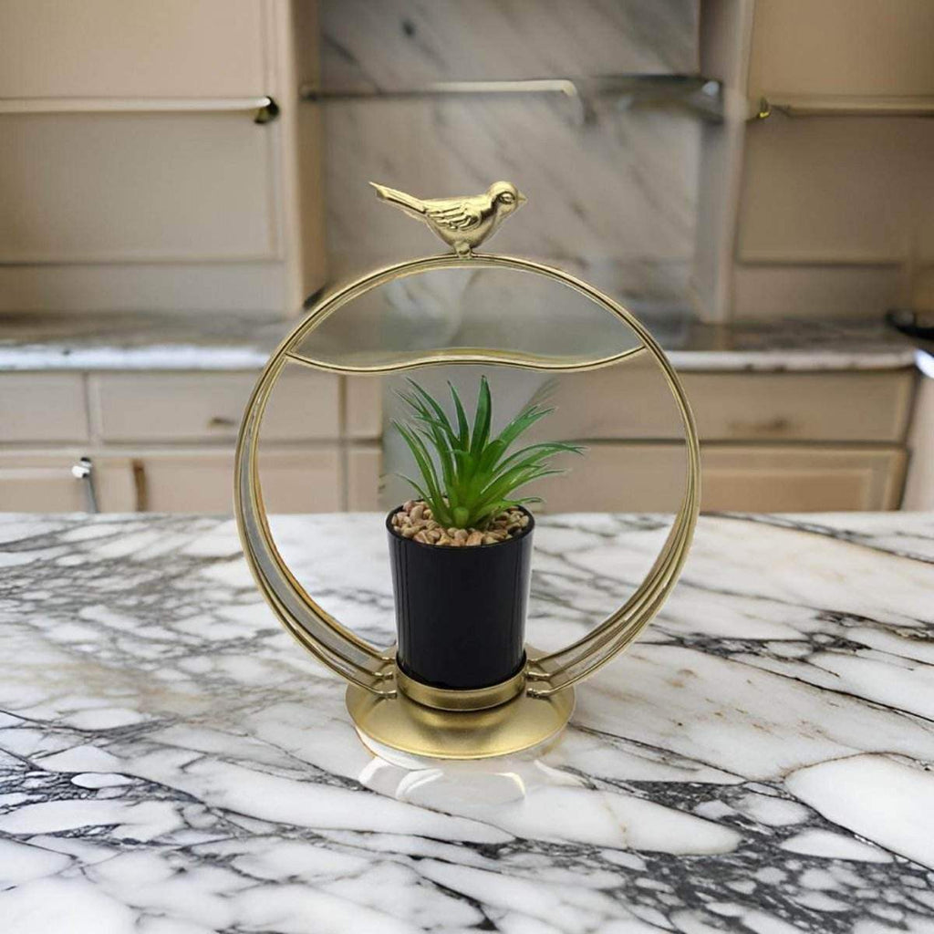 Figura Decorativa Candelabro Pajarito Dorado Con Mini Planta - Fliperex