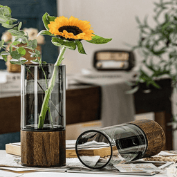 Florero Decorativo De Vidrio Liso Tonos Gris Con Base Madera - Fliperex