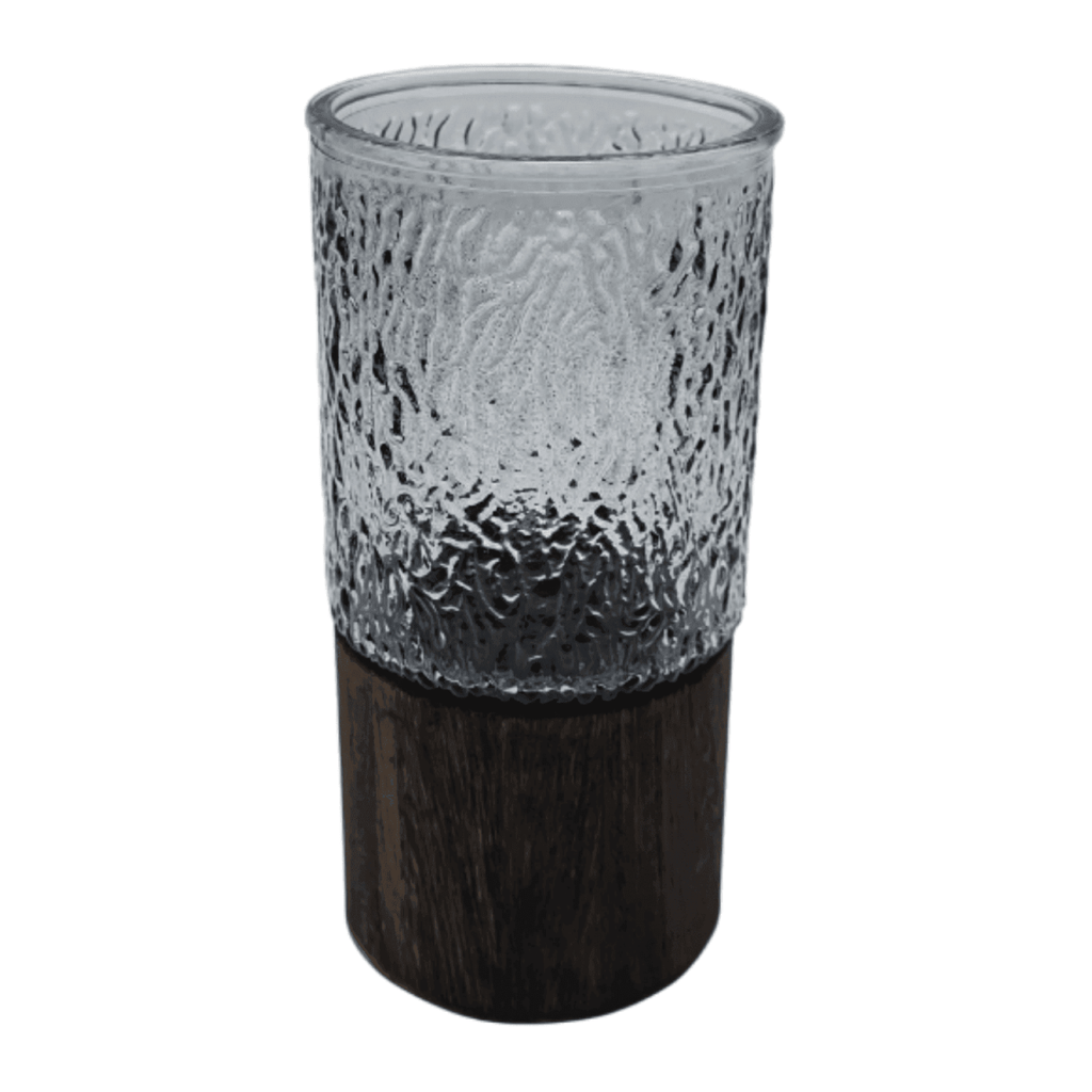 Florero Decorativo De Vidrio Oscuro Diseño Base de Madera - Fliperex