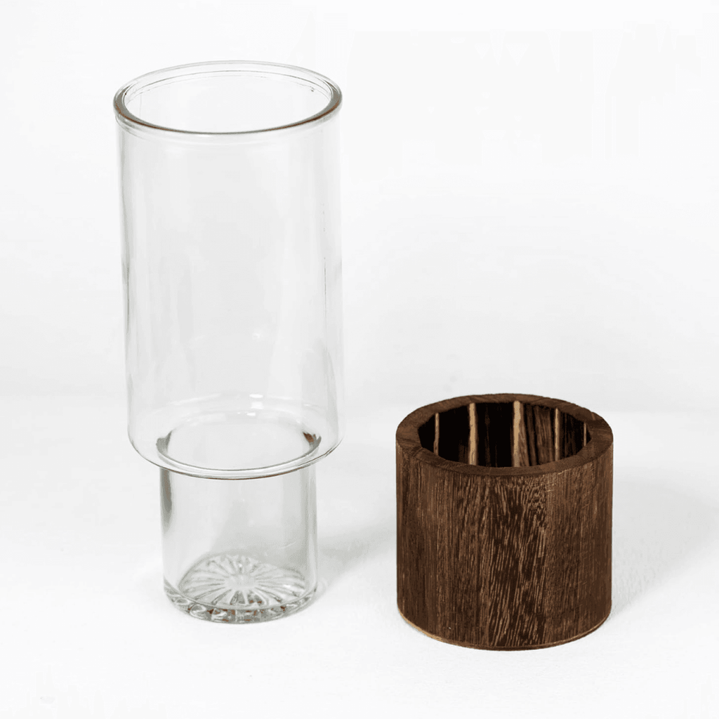 Florero Decorativo De Vidrio Cristal Liso Base de Madera - Fliperex