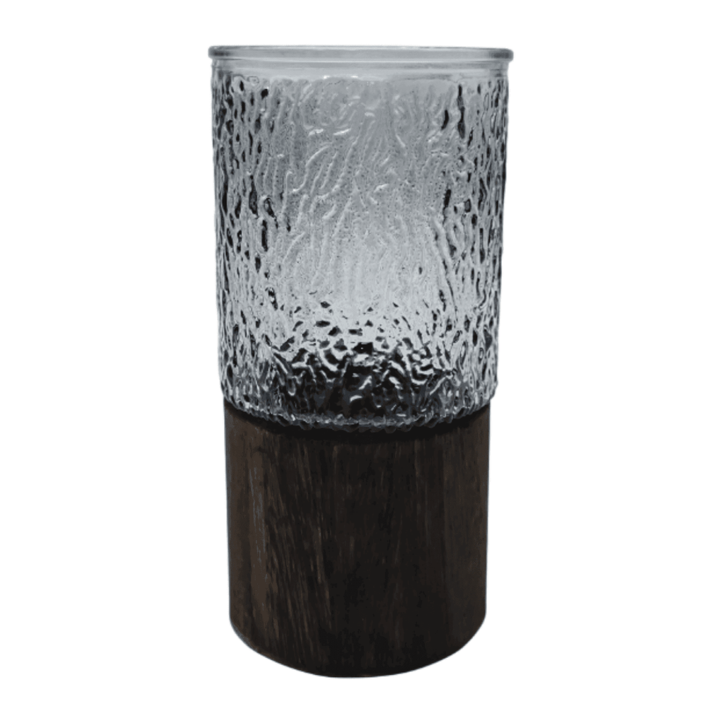 Florero Decorativo De Vidrio Oscuro Diseño Base de Madera - Fliperex
