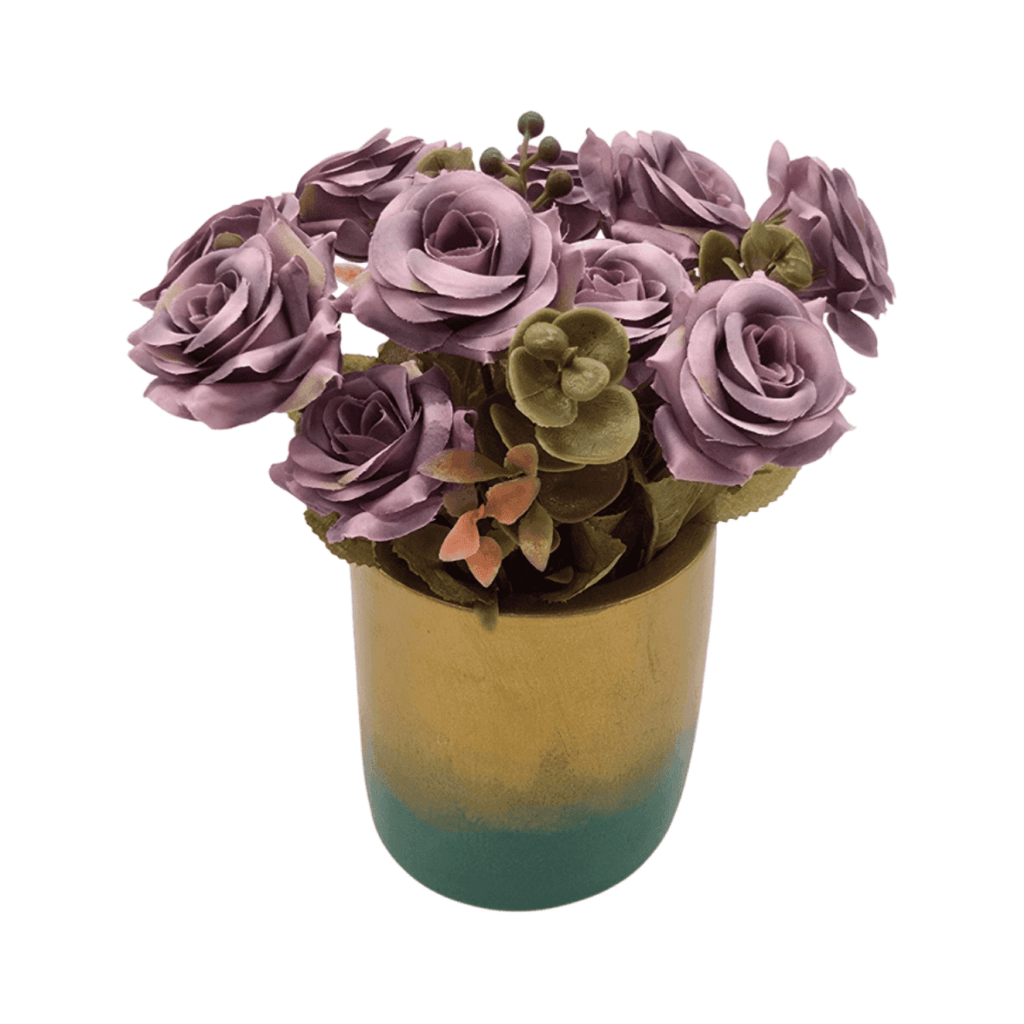 Planta Artificial Macetero Dorado Con Rosas Decorativas - Fliperex