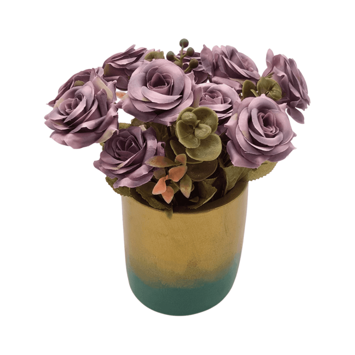 Planta Artificial Macetero Dorado Con Rosas Decorativas - Fliperex