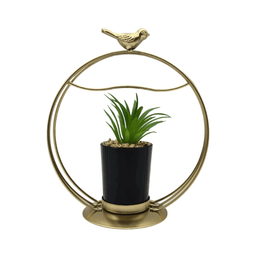 Figura Decorativa Candelabro Pajarito Dorado Con Mini Planta - Fliperex