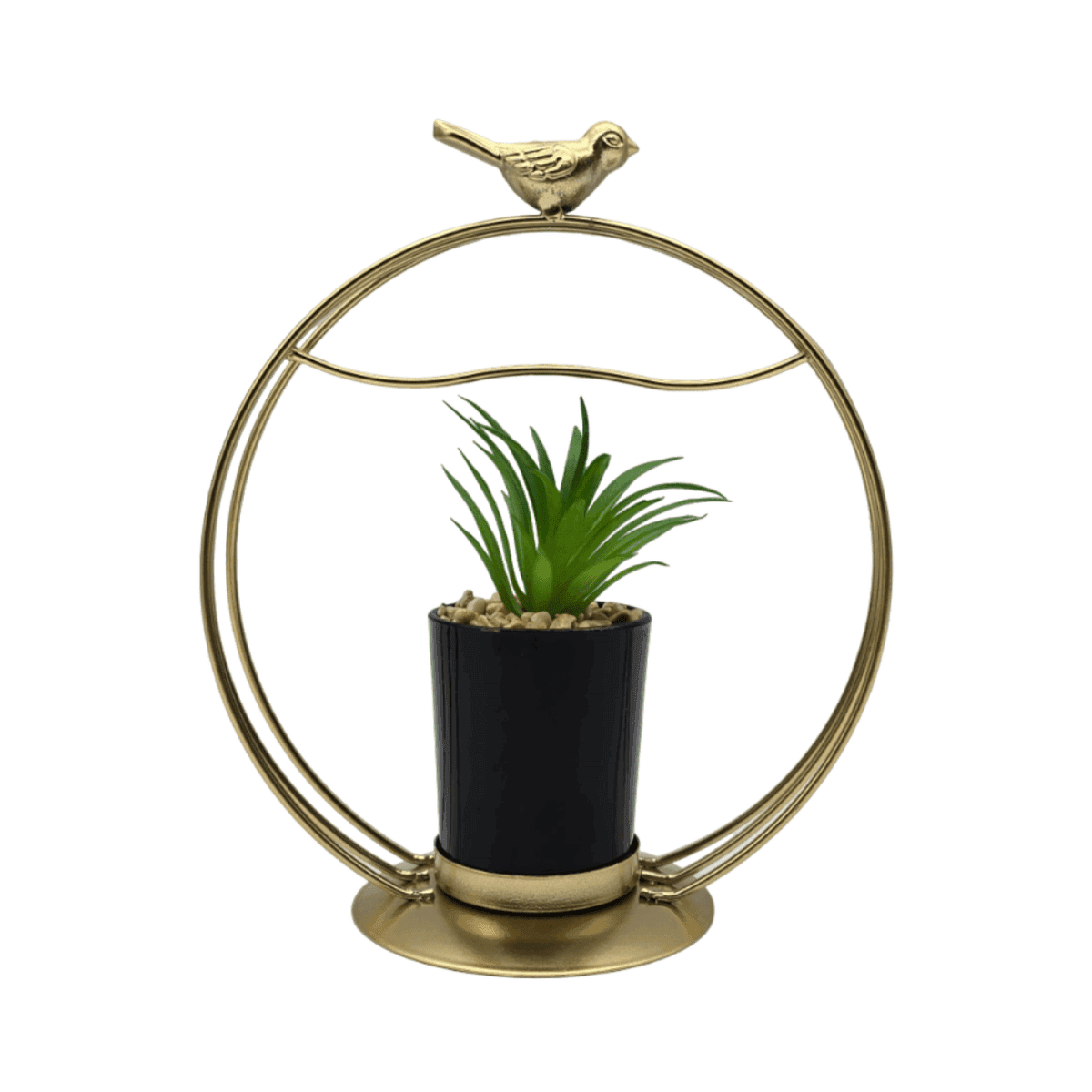 Figura Decorativa Candelabro Pajarito Dorado Con Mini Planta - Fliperex