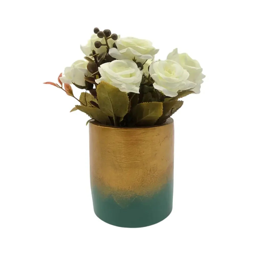 Planta Artificial Macetero Dorado Con Rosas Decorativas - Fliperex