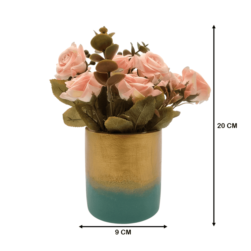 Planta Artificial Macetero Dorado Con Rosas Decorativas - Fliperex