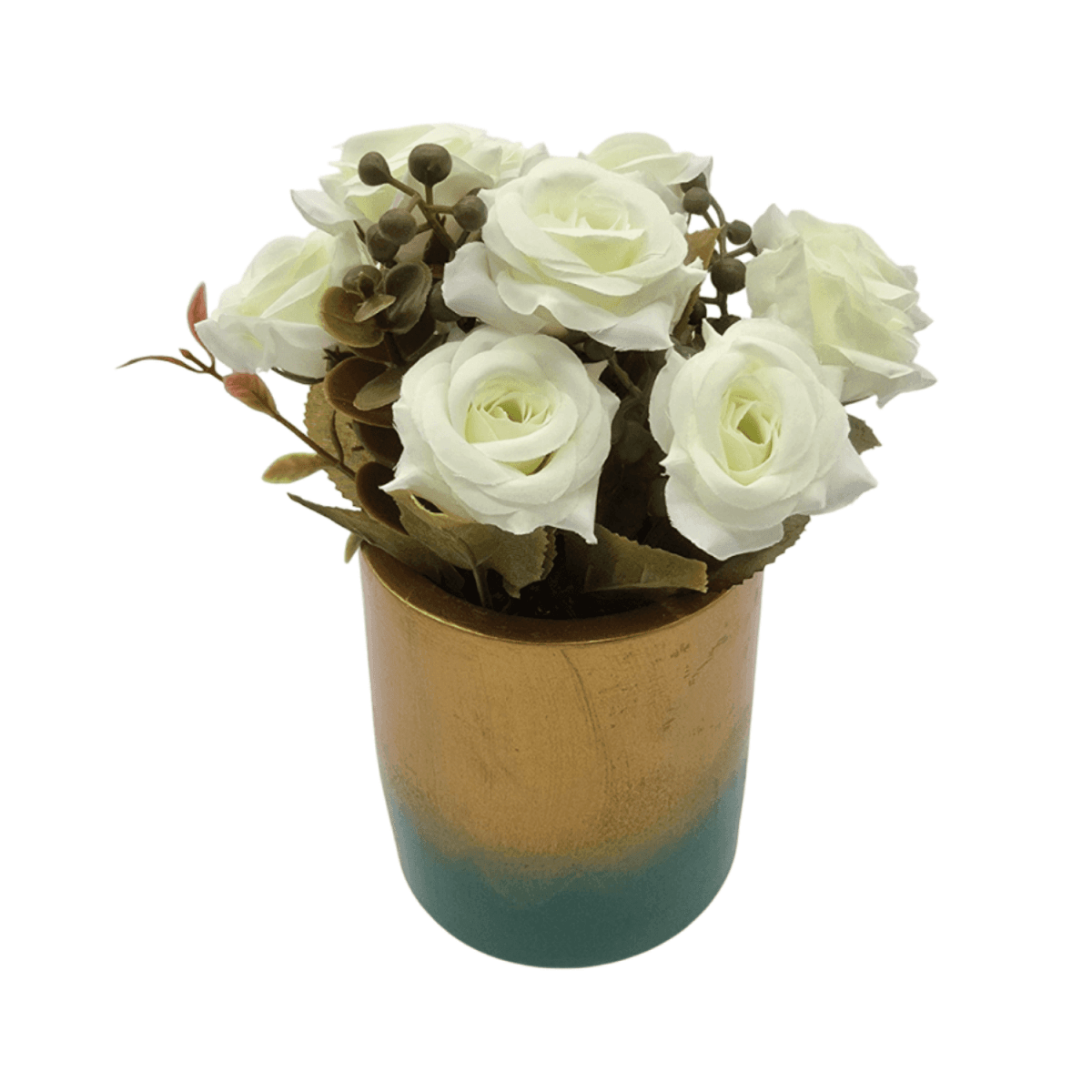 Planta Artificial Macetero Dorado Con Rosas Decorativas - Fliperex