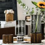 Florero Decorativo De Vidrio Cristal Con Diseño Base Madera - Fliperex