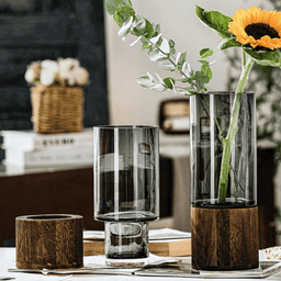 Florero Decorativo De Vidrio Cristal Con Diseño Base Madera - Fliperex