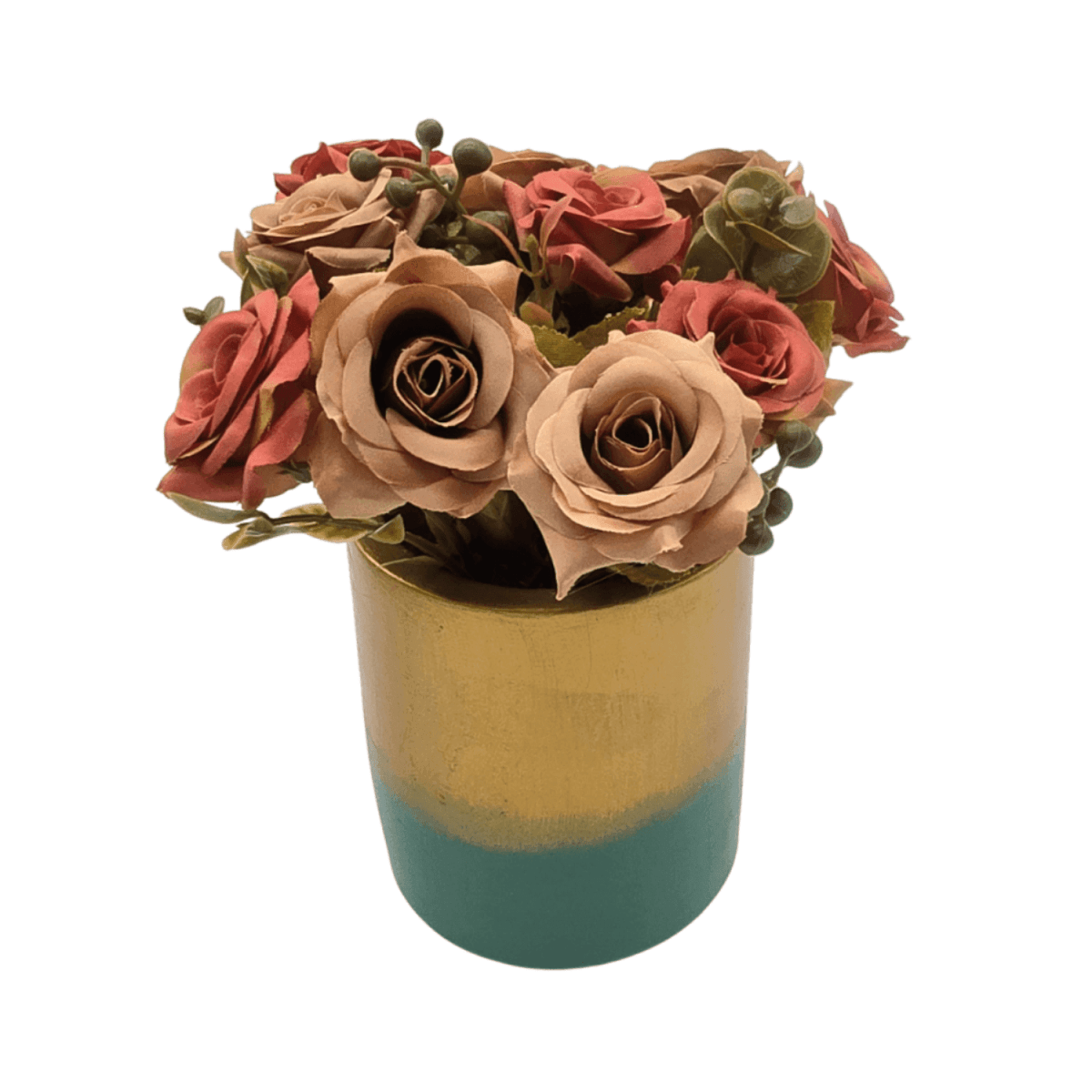 Planta Artificial Macetero Dorado Con Rosas Decorativas - Fliperex