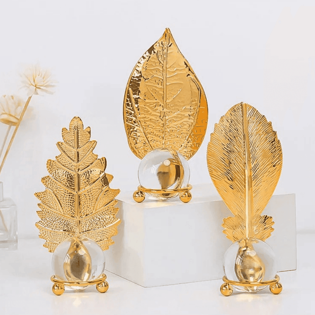 Set 2 Hojas Dorada Con Bola De Cristal Adorno Elegante Mesa - Fliperex