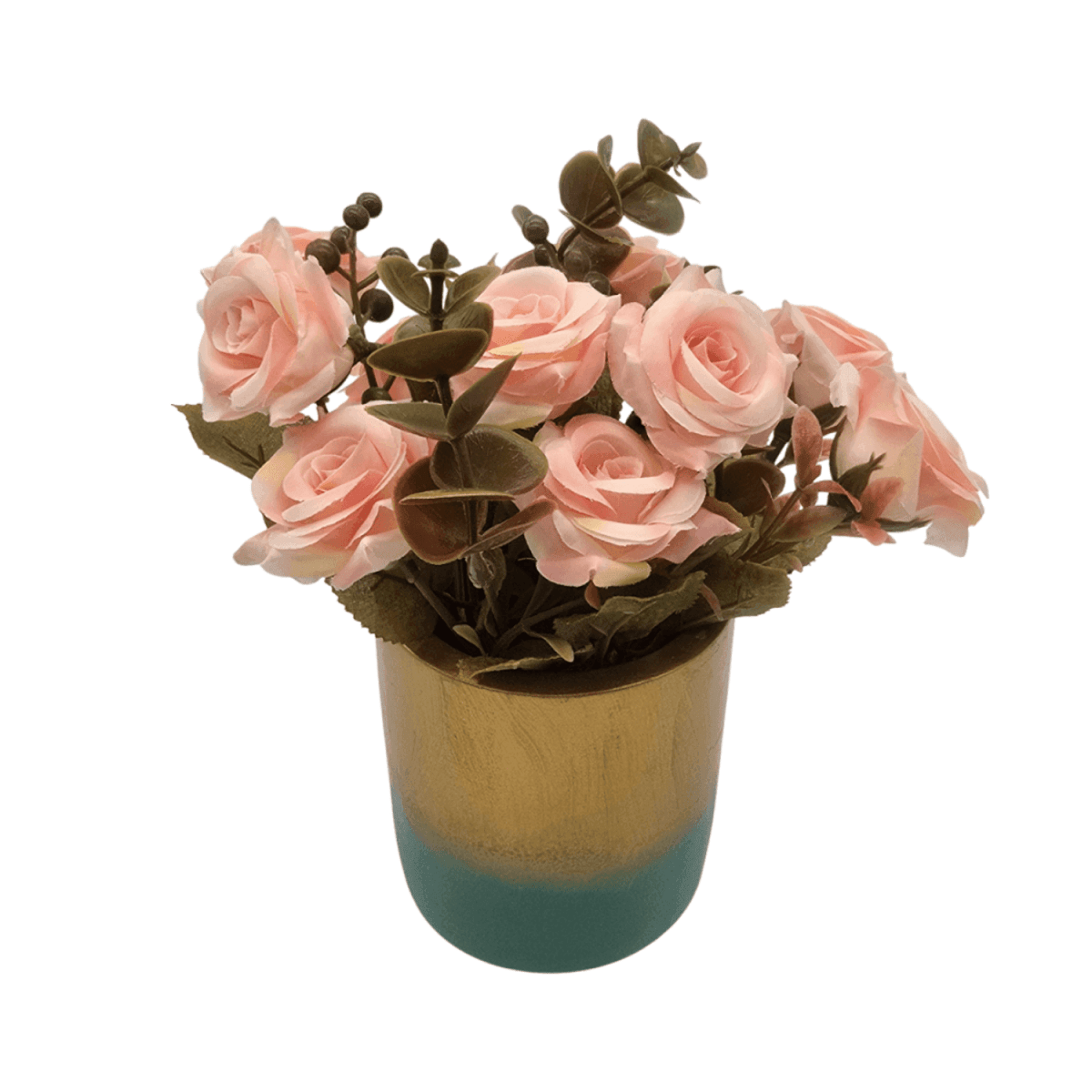 Planta Artificial Macetero Dorado Con Rosas Decorativas - Fliperex