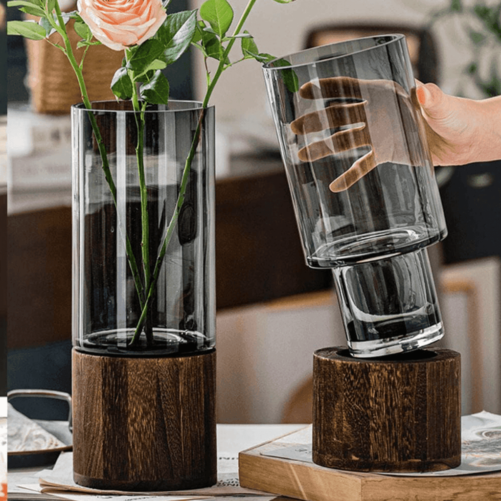 Florero Decorativo De Vidrio Cristal Con Diseño Base Madera - Fliperex