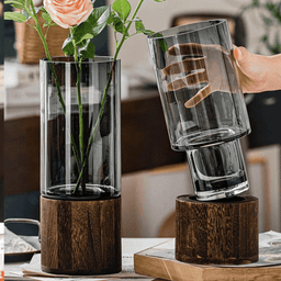 Florero Decorativo De Vidrio Cristal Con Diseño Base Madera - Fliperex