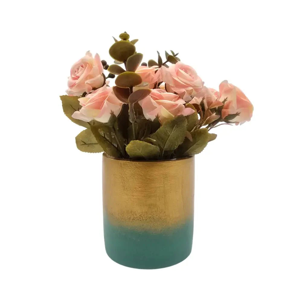 Planta Artificial Macetero Dorado Con Rosas Decorativas - Fliperex