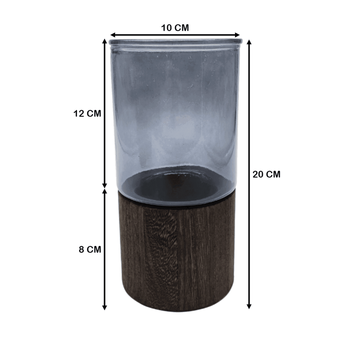 Florero Decorativo De Vidrio Liso Tonos Gris Con Base Madera - Fliperex