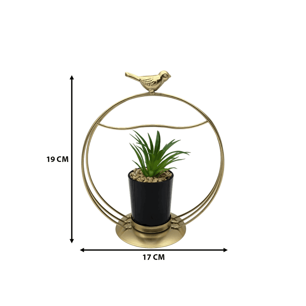 Figura Decorativa Candelabro Pajarito Dorado Con Mini Planta - Fliperex