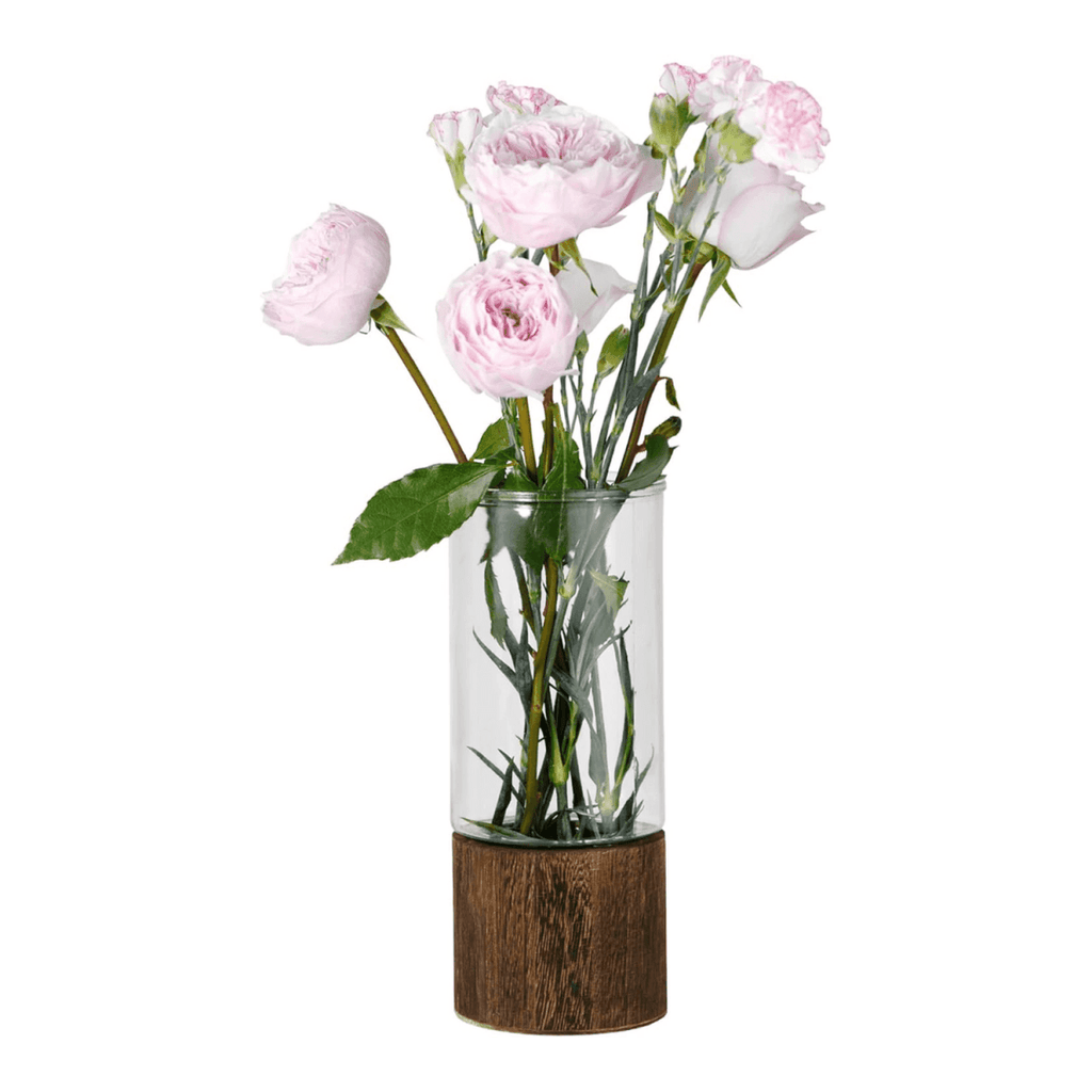 Florero Decorativo De Vidrio Cristal Liso Base de Madera - Fliperex