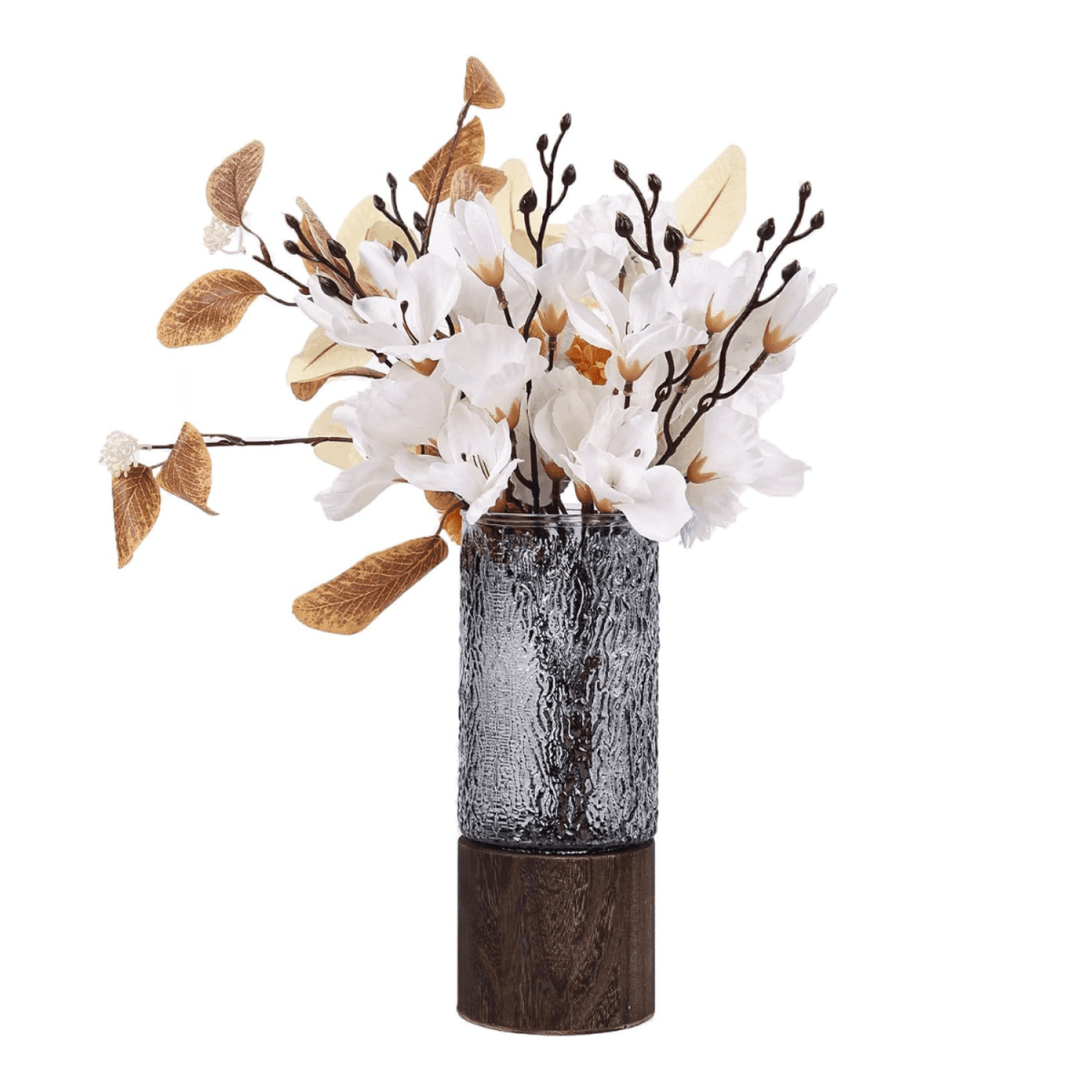 Florero Decorativo De Vidrio Oscuro Diseño Base de Madera - Fliperex