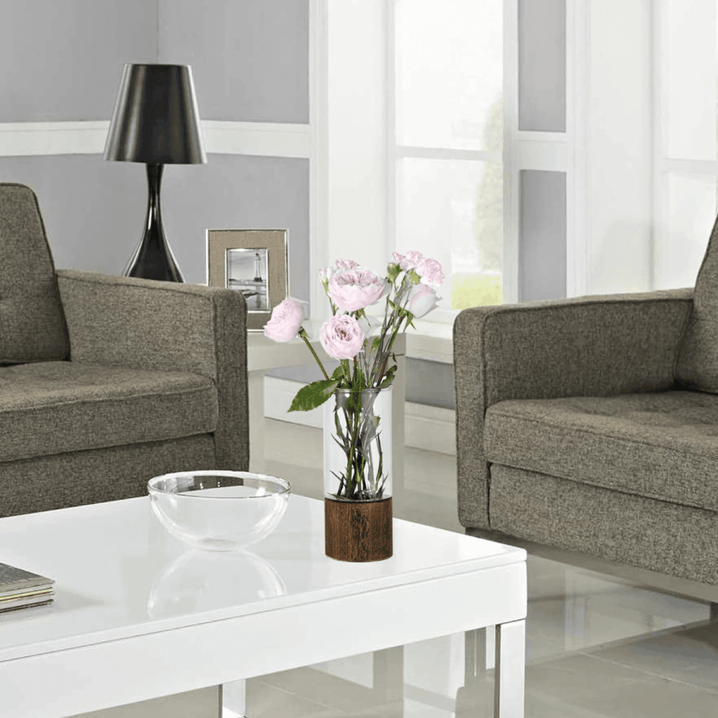 Florero Decorativo De Vidrio Cristal Liso Base de Madera - Fliperex