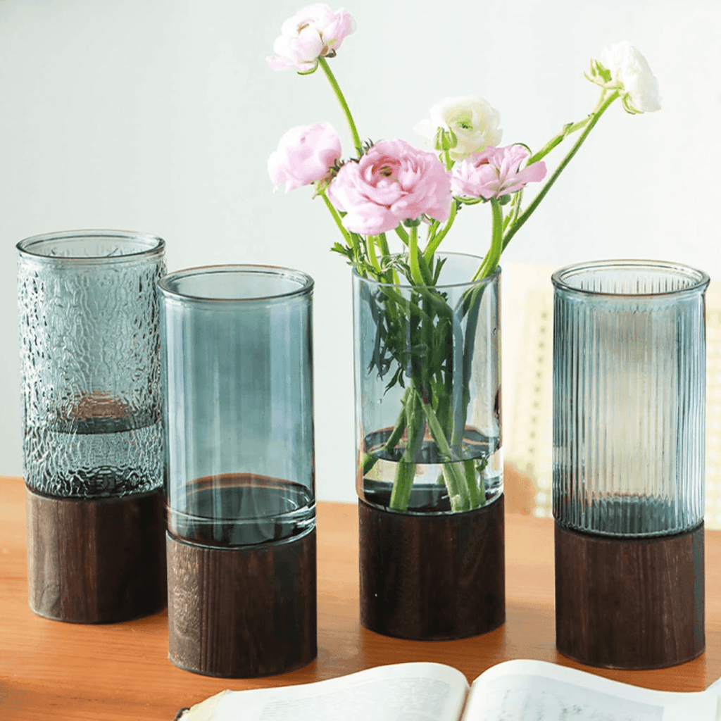 Florero Decorativo De Vidrio Cristal Con Diseño Base Madera - Fliperex