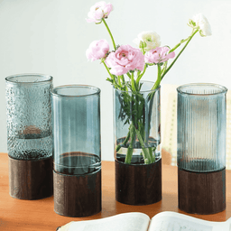 Florero Decorativo De Vidrio Cristal Con Diseño Base Madera - Fliperex